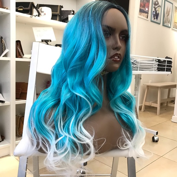 Human hair blend green mix blue with white wig - Picture 5 of 8